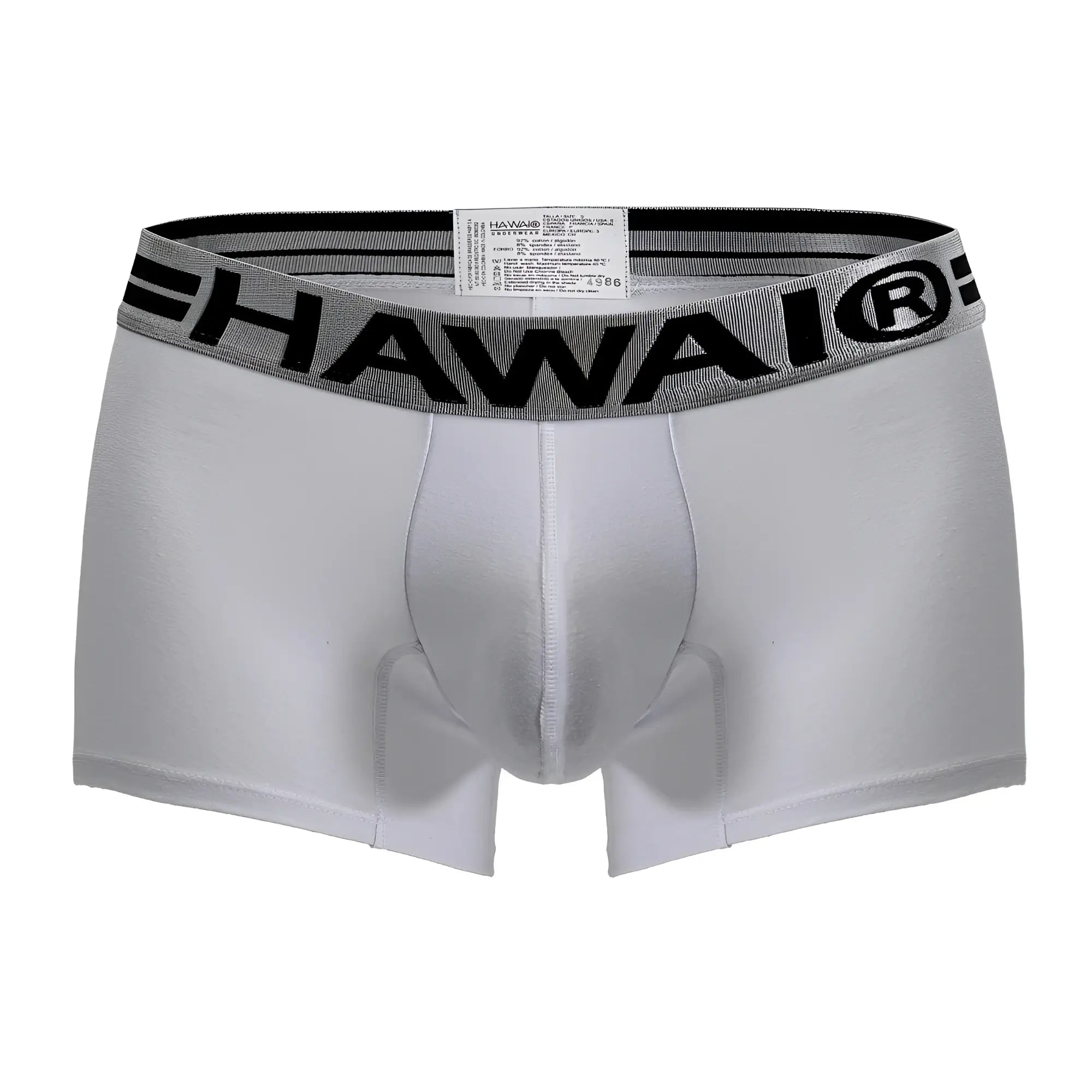 White cotton blend men’s briefs with gray elastic waistband and bold black hawaii branding in hawair 4986 trunks