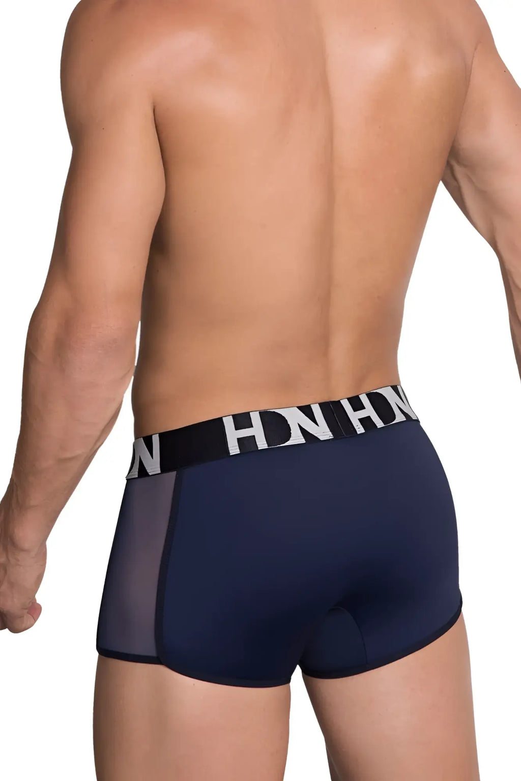 Navy blue Hidden 964 mesh side trunks boxer briefs with black waistband featuring white hn logo and sheer mesh panels