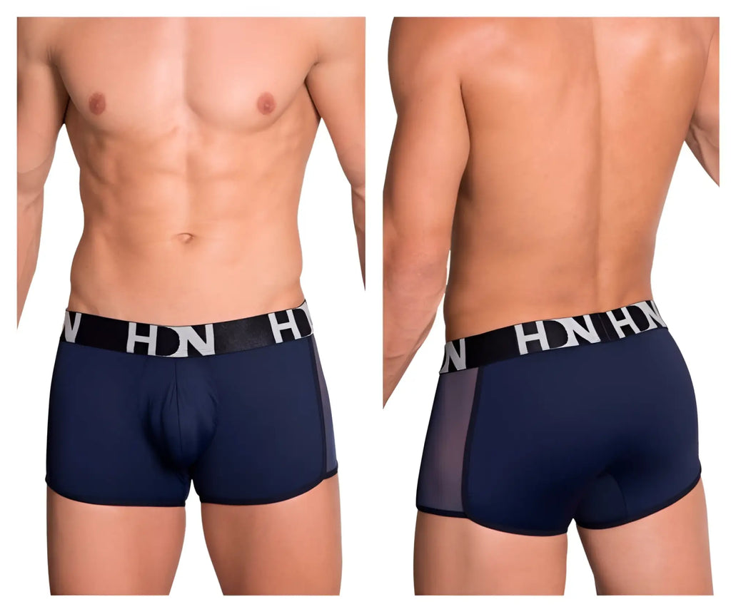 Navy blue men’s boxer briefs with black elastic waistband white hn logo and mesh side panels Hidden 964 Mesh side trunks