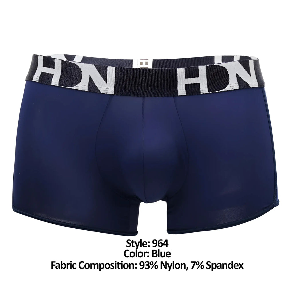 Navy blue hidden 964 mesh side trunks for men with black waistband and white hdn lettering in boxer brief style