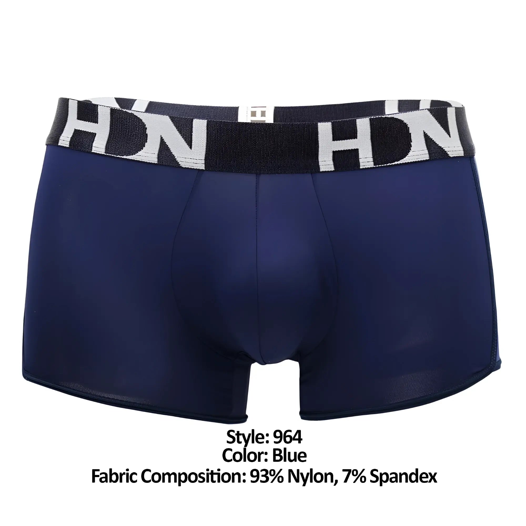 Navy blue hidden 964 mesh side trunks for men with black waistband and white hdn lettering in boxer brief style