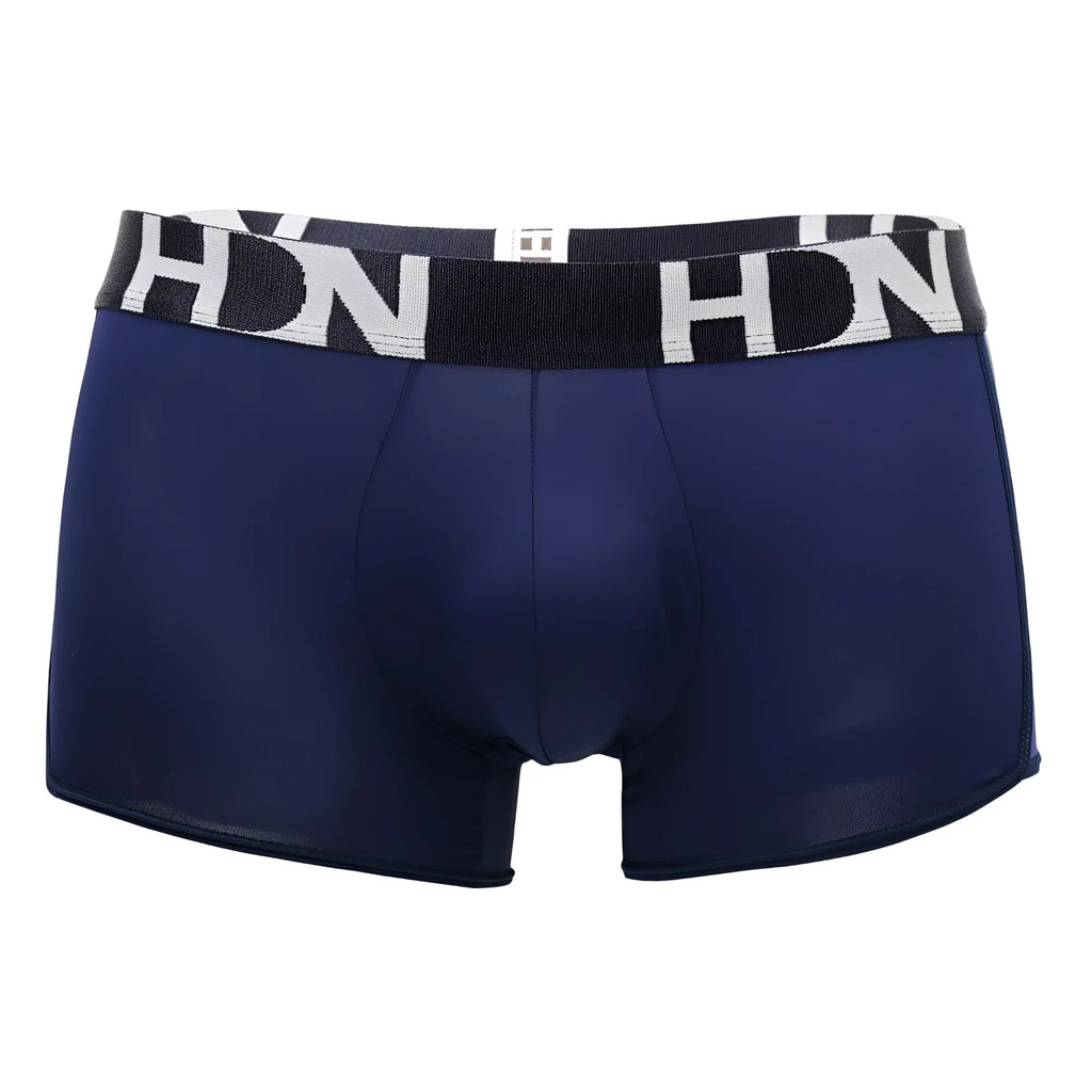 Navy blue men’s Hidden 964 mesh side trunks with black and white hdn branded waistband showing front view