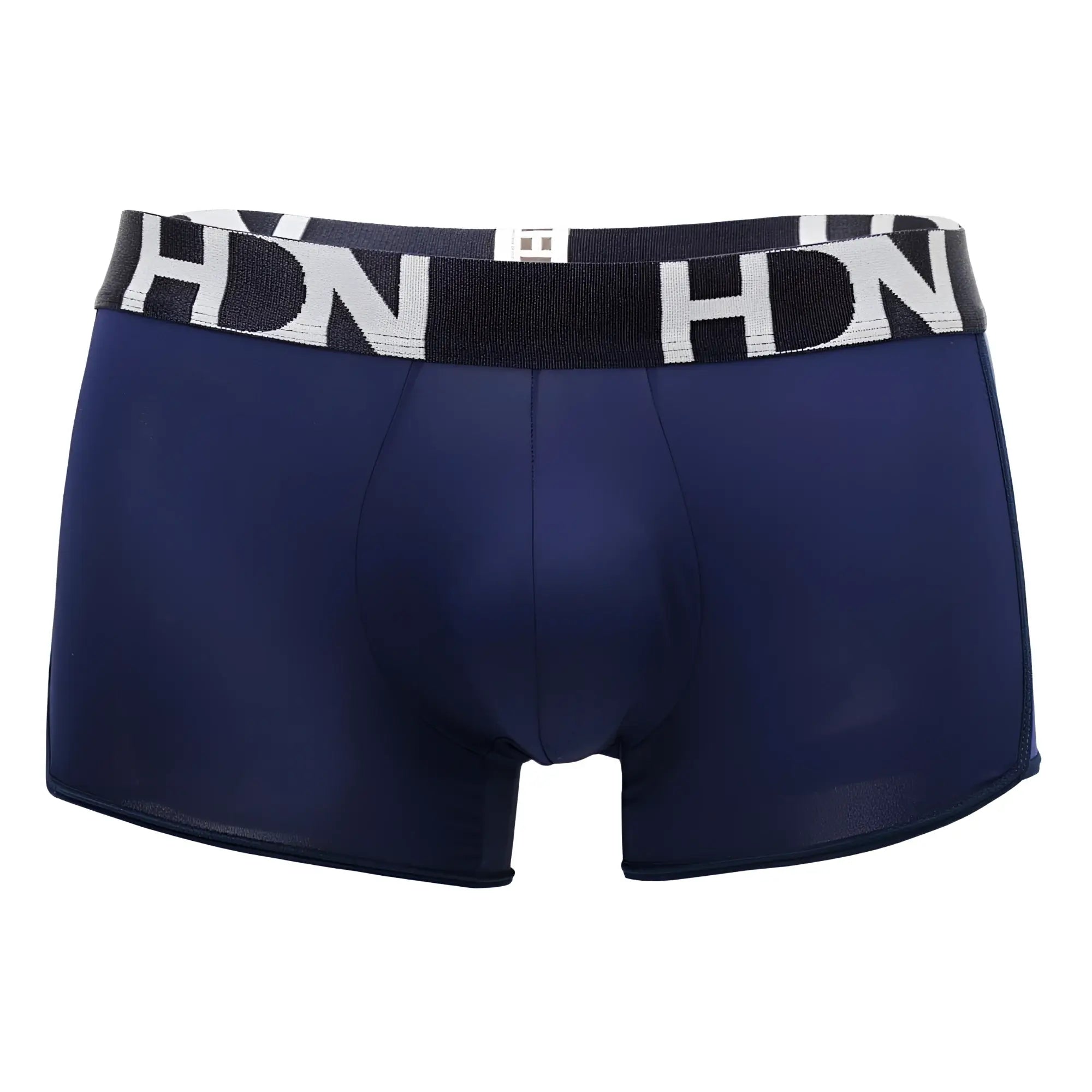 Navy blue men’s Hidden 964 mesh side trunks with black and white hdn branded waistband showing front view