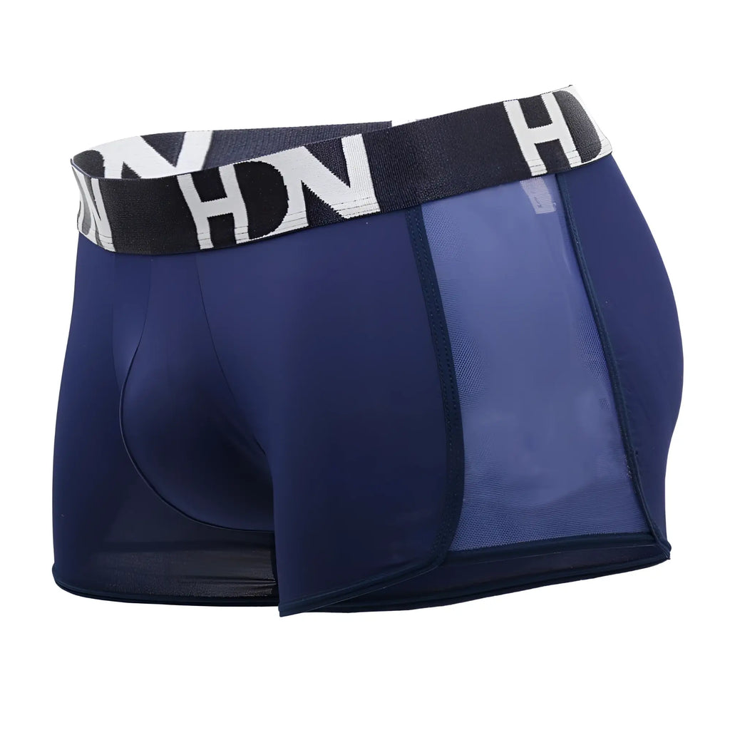 Navy blue men’s boxer briefs with mesh side trunks and a black and white patterned hn waistband
