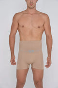 Beige high waist shaper trunks menâs compression shorts with light blue logo on front for support and shaping