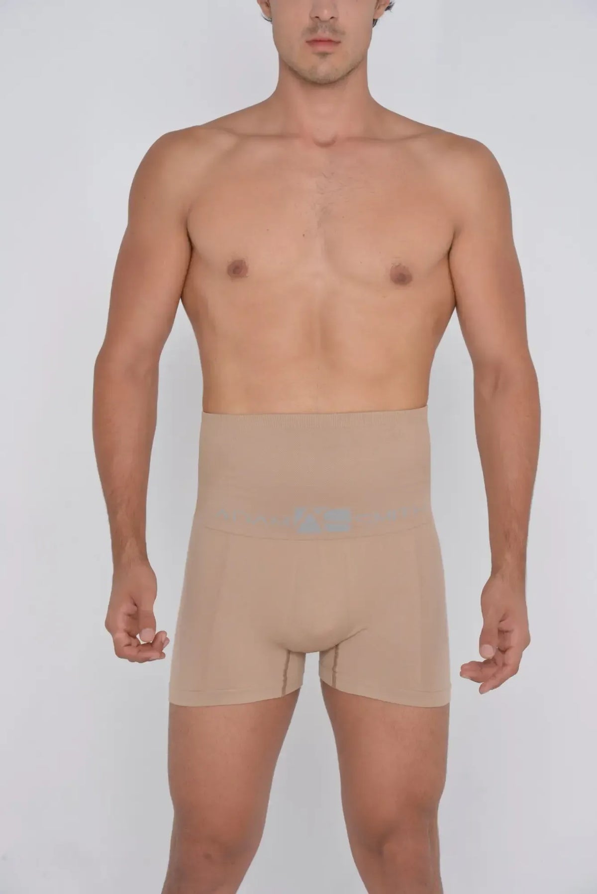 Beige high waist shaper trunks menâs compression shorts with light blue logo on front for support and shaping