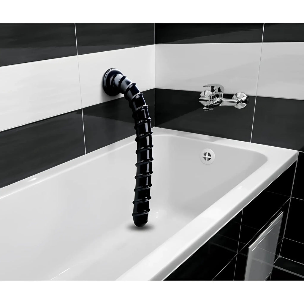 Black flexible hosed hosed 18in swirl thick anal snake with ribbed texture and chrome-finished mounting bracket
