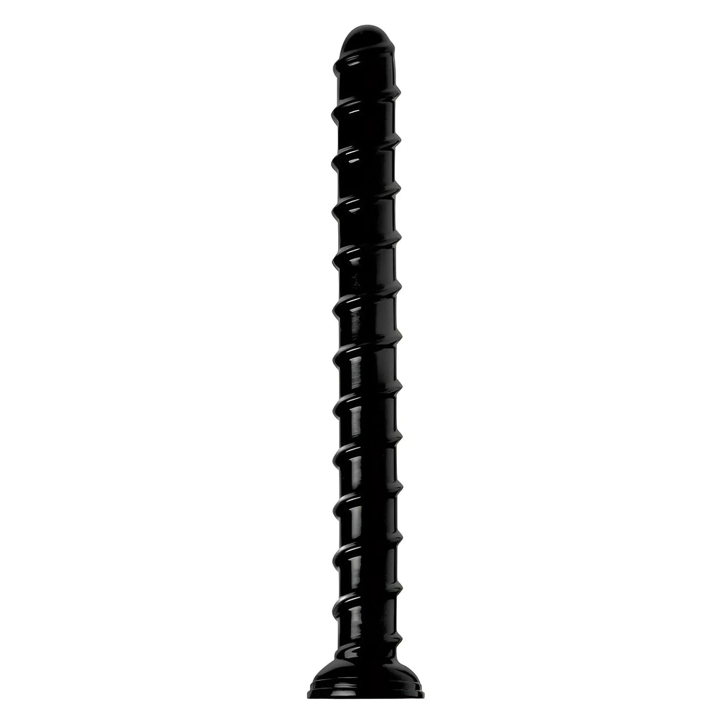 Black glossy silicone dildo with spiral texture and rounded tip hosed hosed 18in swirl thick anal snake