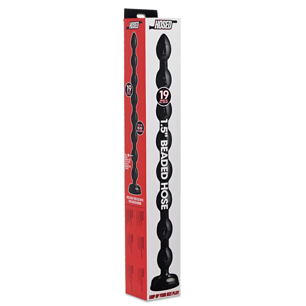 Black 19in beaded anal snake hose toy in branded packaging featuring flexible silicone beads for anal play