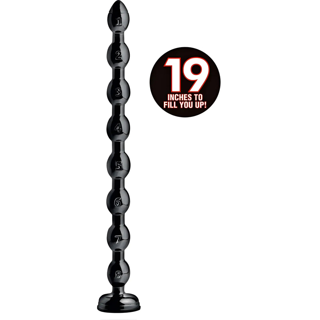 Black glossy segmented beaded anal snake toy with numbered beads 1 to 8 by hosed hosed 19in