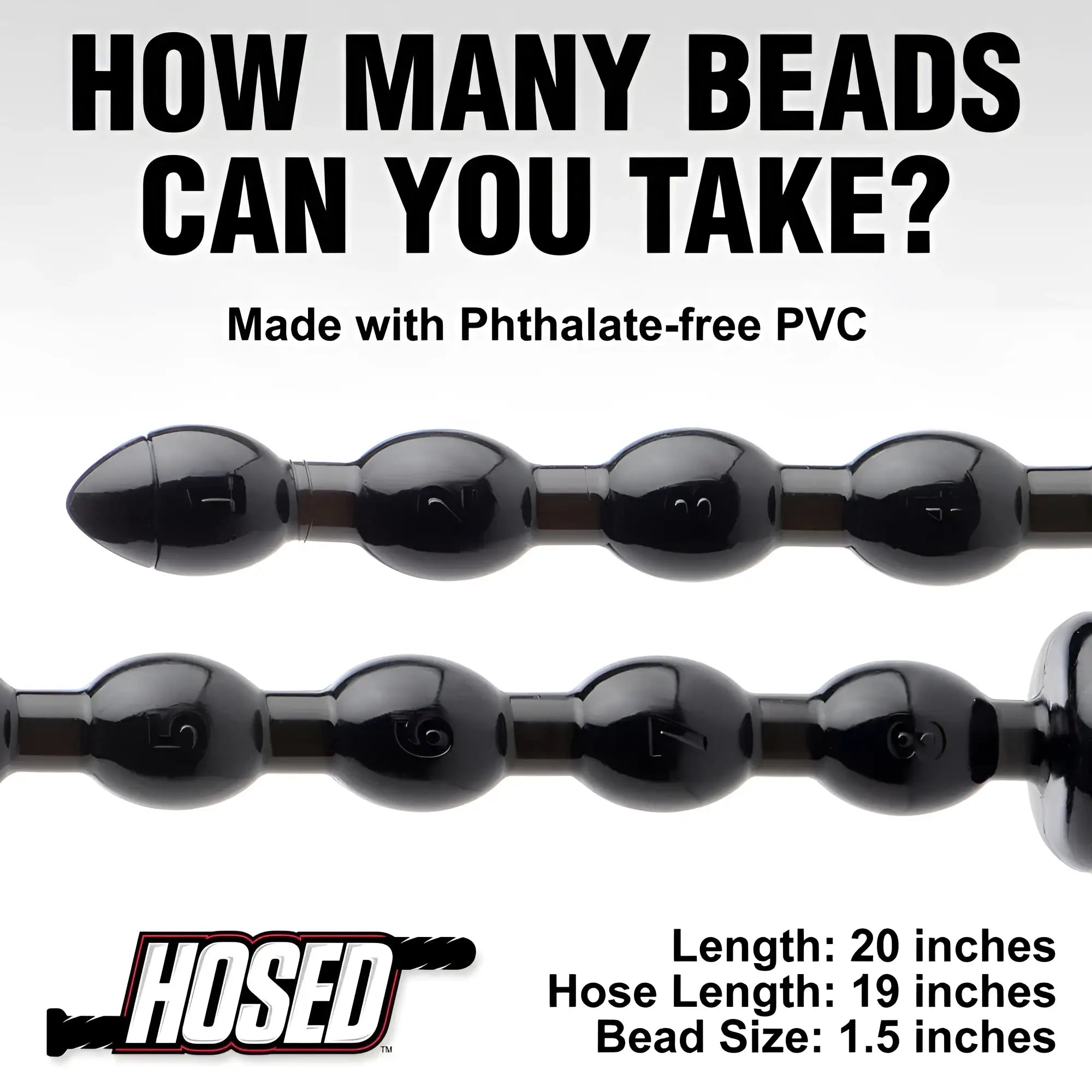 Black glossy segmented 19 inch beaded anal snake toy made of phthalate-free pvc by hosed