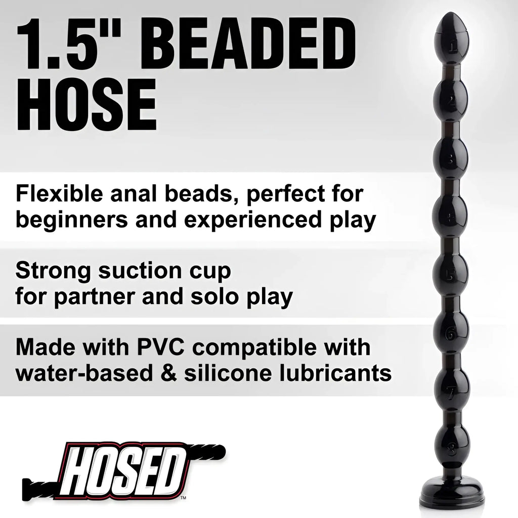 Black beaded 19in anal snake hose with numbered spherical beads and suction cup base made of pvc