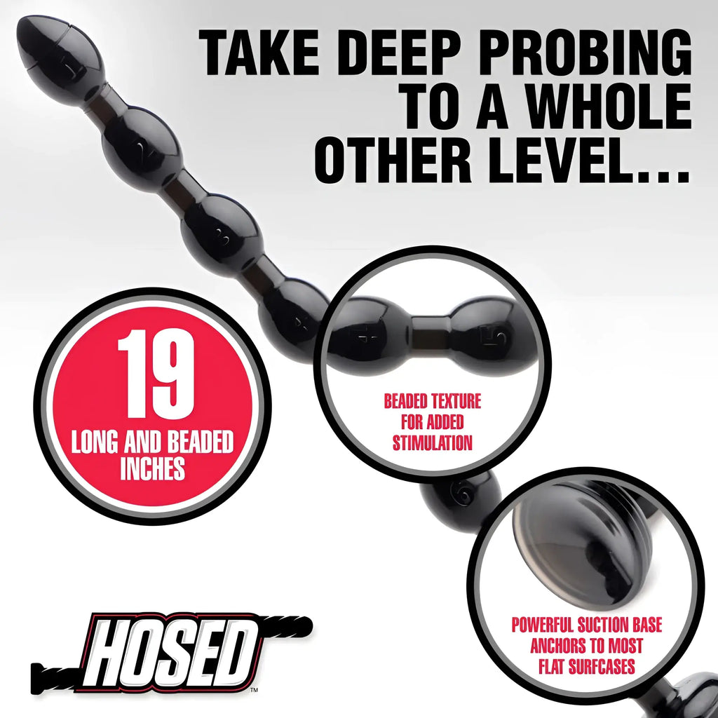 Black beaded anal plug with suction base by Hosed featuring 19-inch beaded snake design for comfortable use