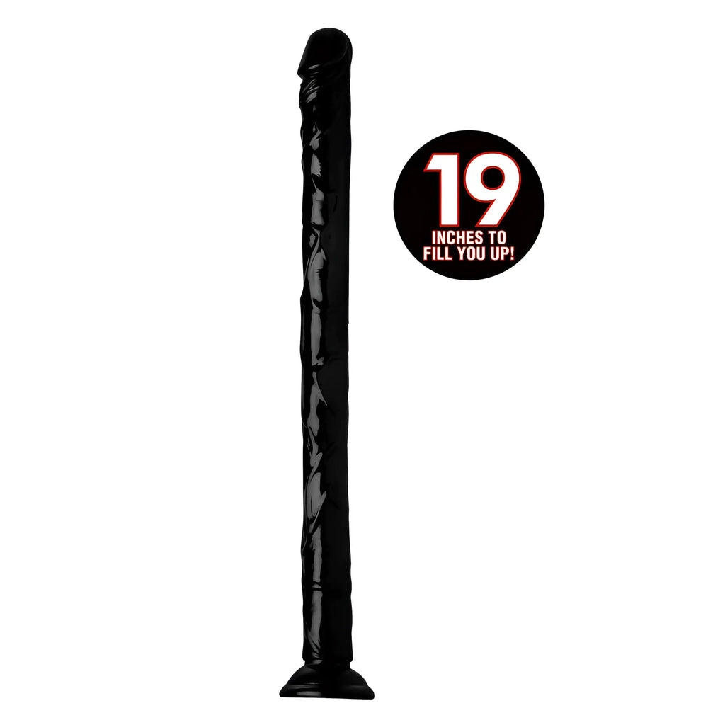 Black glossy plastic 19 inch realistic anal dildo with twisted texture and flared base hosed hosed product