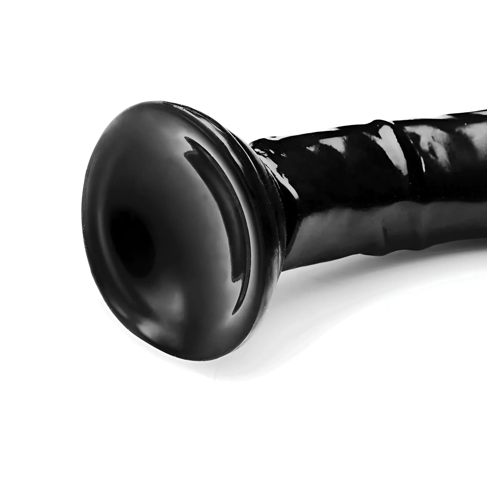 Black glossy silicone dildo with flared base and textured shaft from hosed 19in realistic anal dildo product