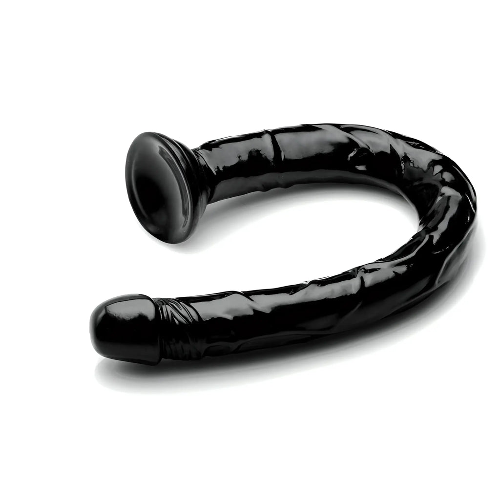 Black glossy silicone anal plug with textured surface and flared base from hosed 19in realistic anal dildo product