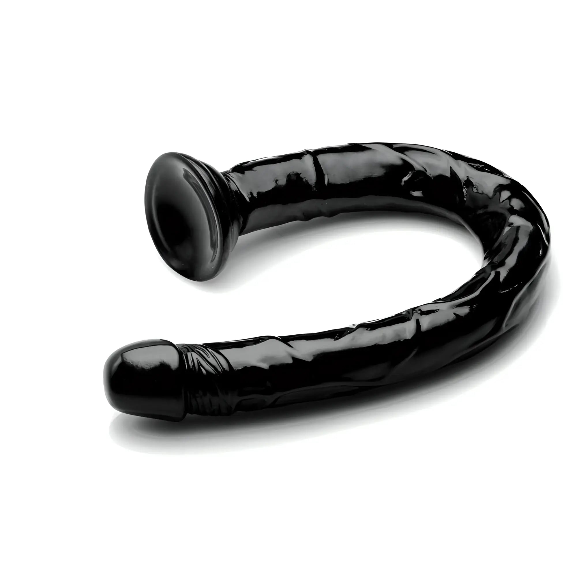 Black glossy silicone anal plug with textured surface and flared base from hosed 19in realistic anal dildo product