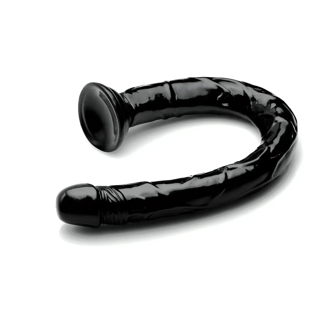 Black glossy silicone anal plug with textured surface and flared base from hosed 19in realistic anal dildo product
