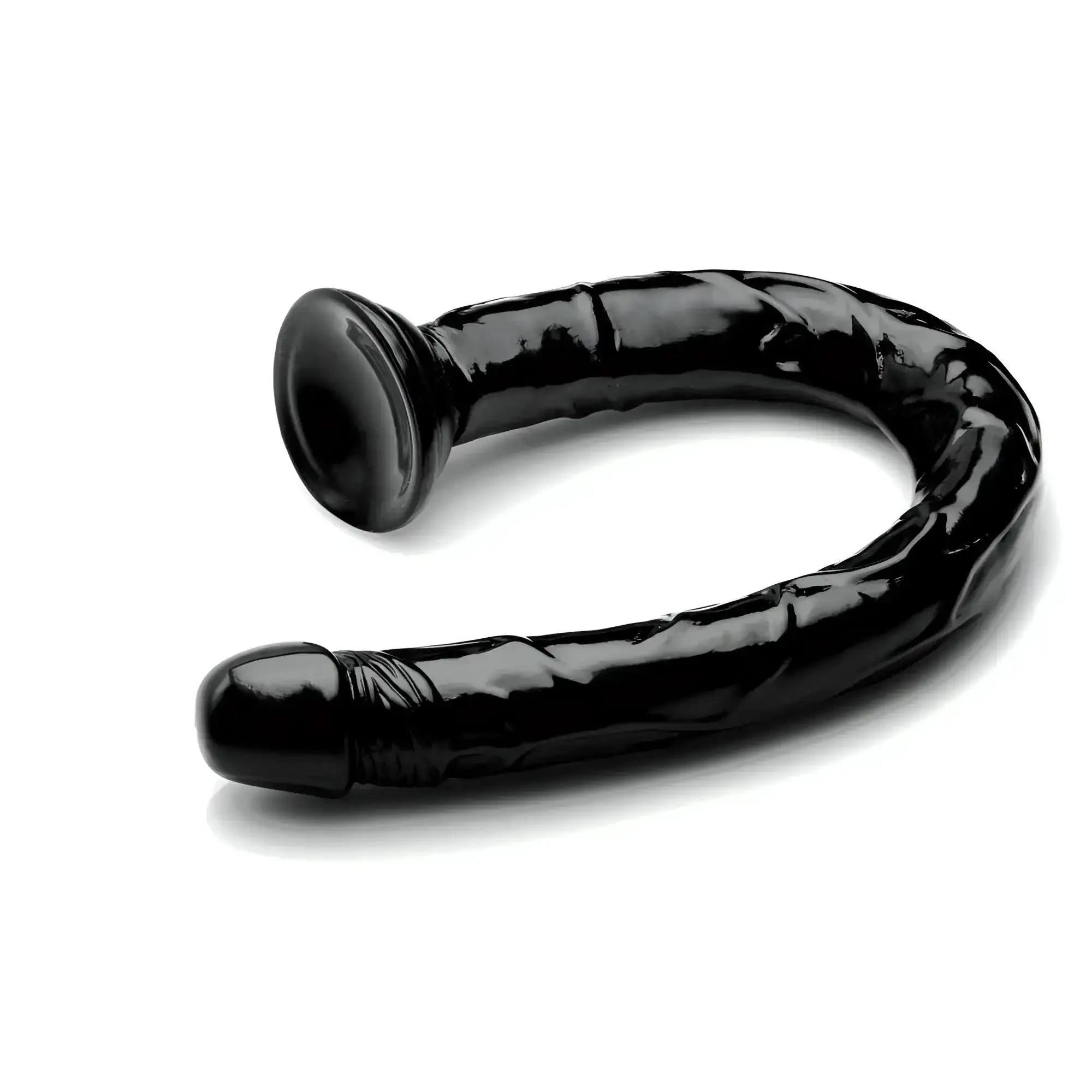 Black glossy silicone anal plug with textured surface and flared base from hosed 19in realistic anal dildo product