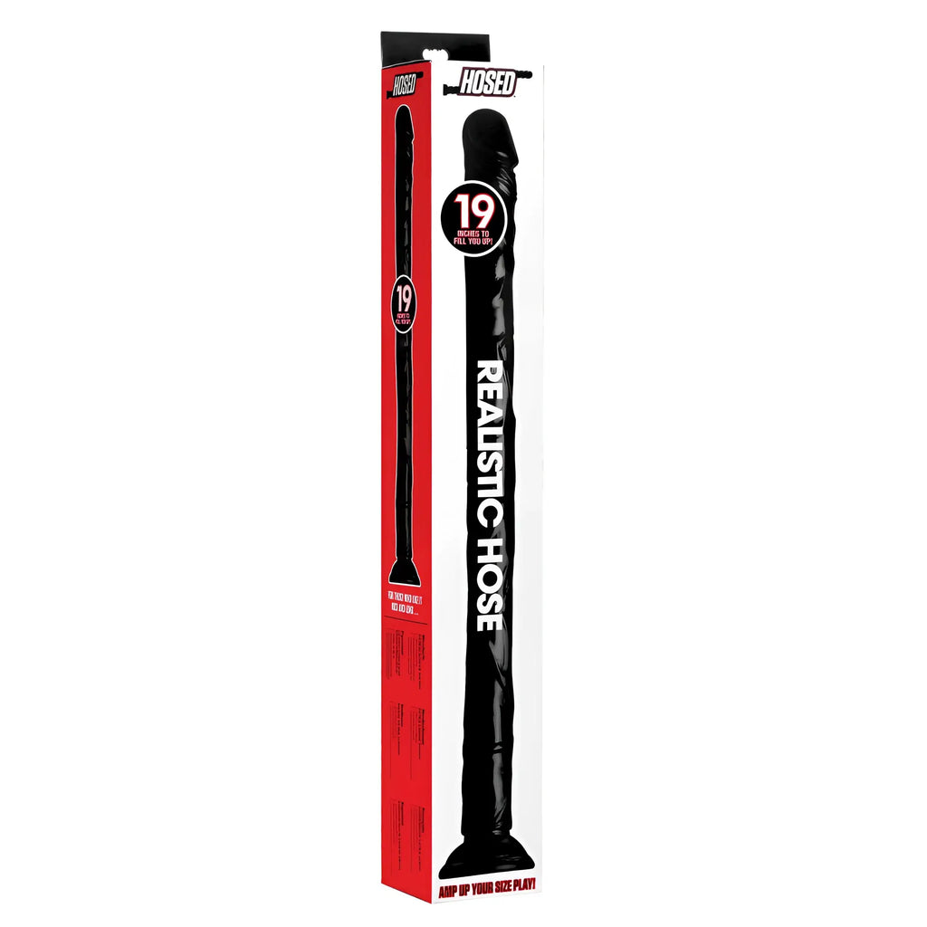Black realistic anal dildo 19 inches long in red and white hosed branded package