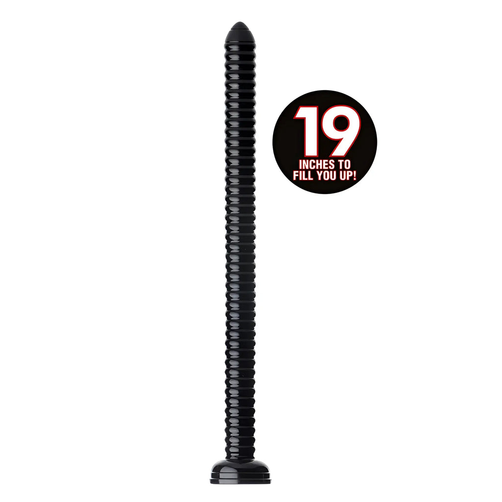 Black ribbed 19 inch anal snake toy with rounded tip and base designed for hosed hosed play