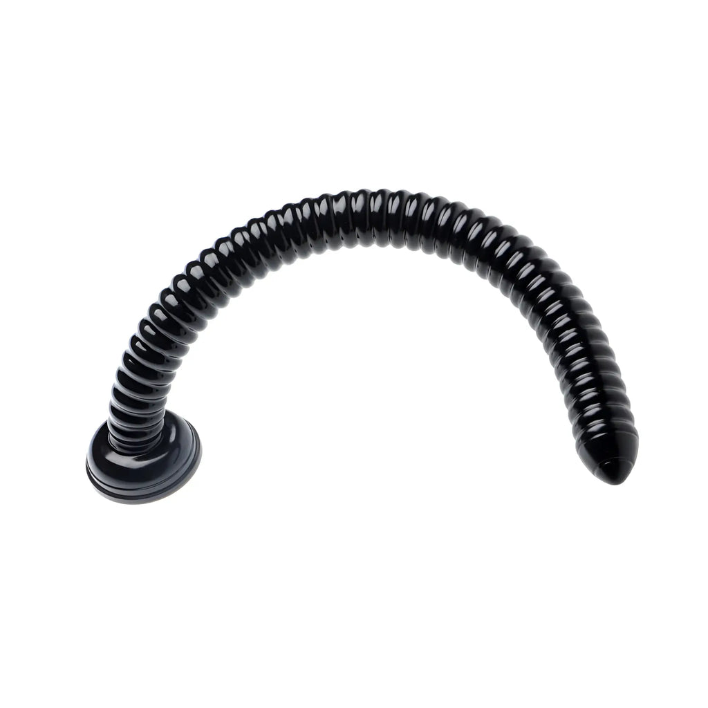 Black glossy coiled flexible nose ring with rounded base and tapered tip in hosed 19in ribbed anal snake product image