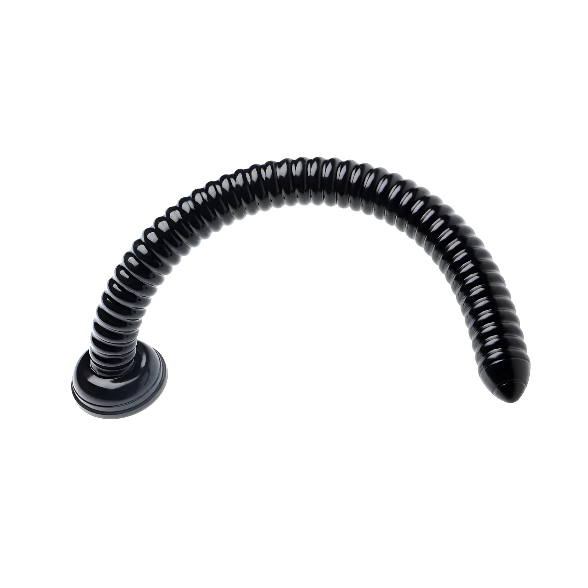 Black glossy coiled flexible nose ring with rounded base and tapered tip in hosed 19in ribbed anal snake product image