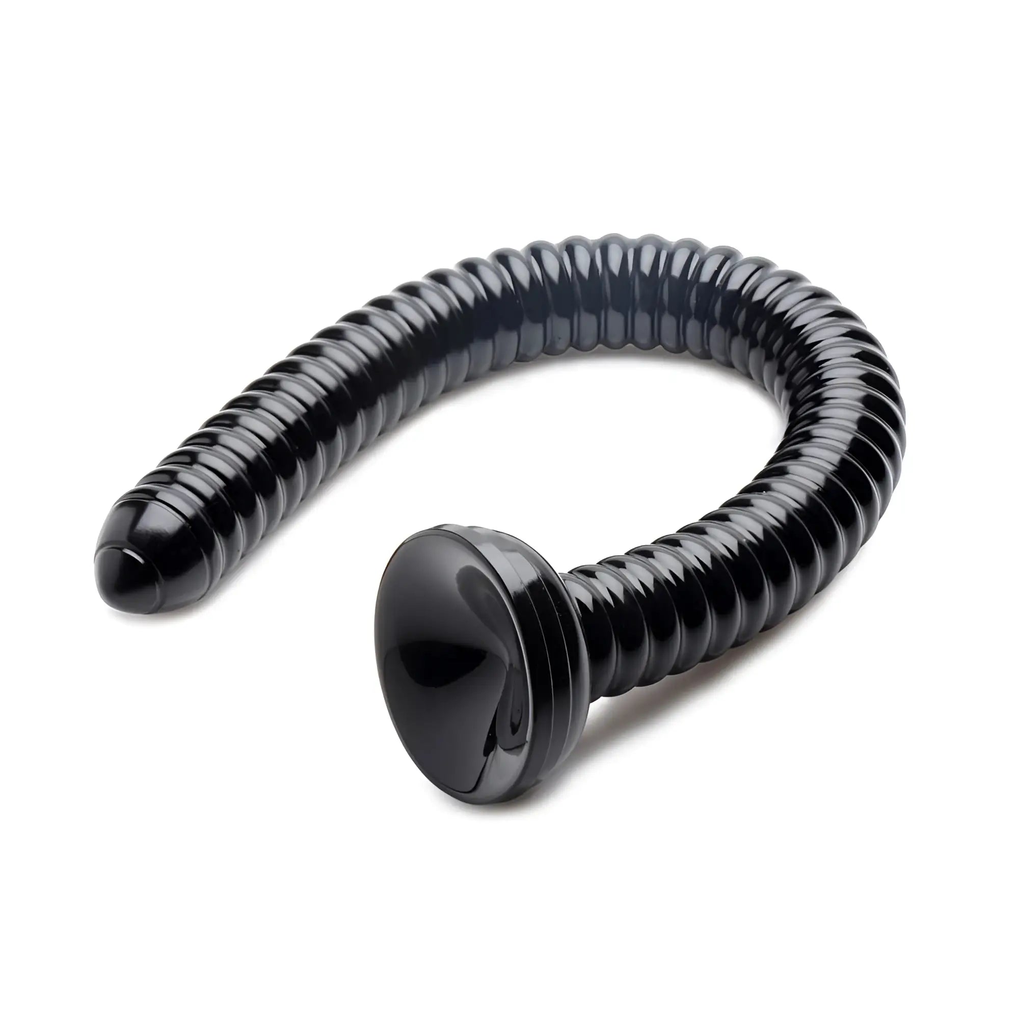 Black glossy coiled silicone ribbed anal snake with smooth rounded end cap for hosed hosed 19in pleasure use