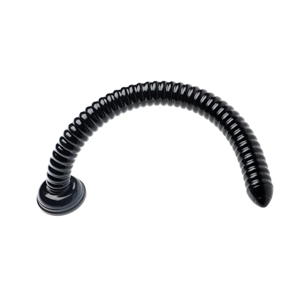 Black, 19-inch flexible ribbed anal toy featuring a rounded tip and a circular flared base.