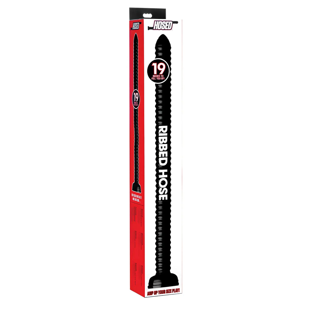 Black ribbed anal hose 19 inches long in red and white packaging for hosed hosed 19in ribbed anal snake