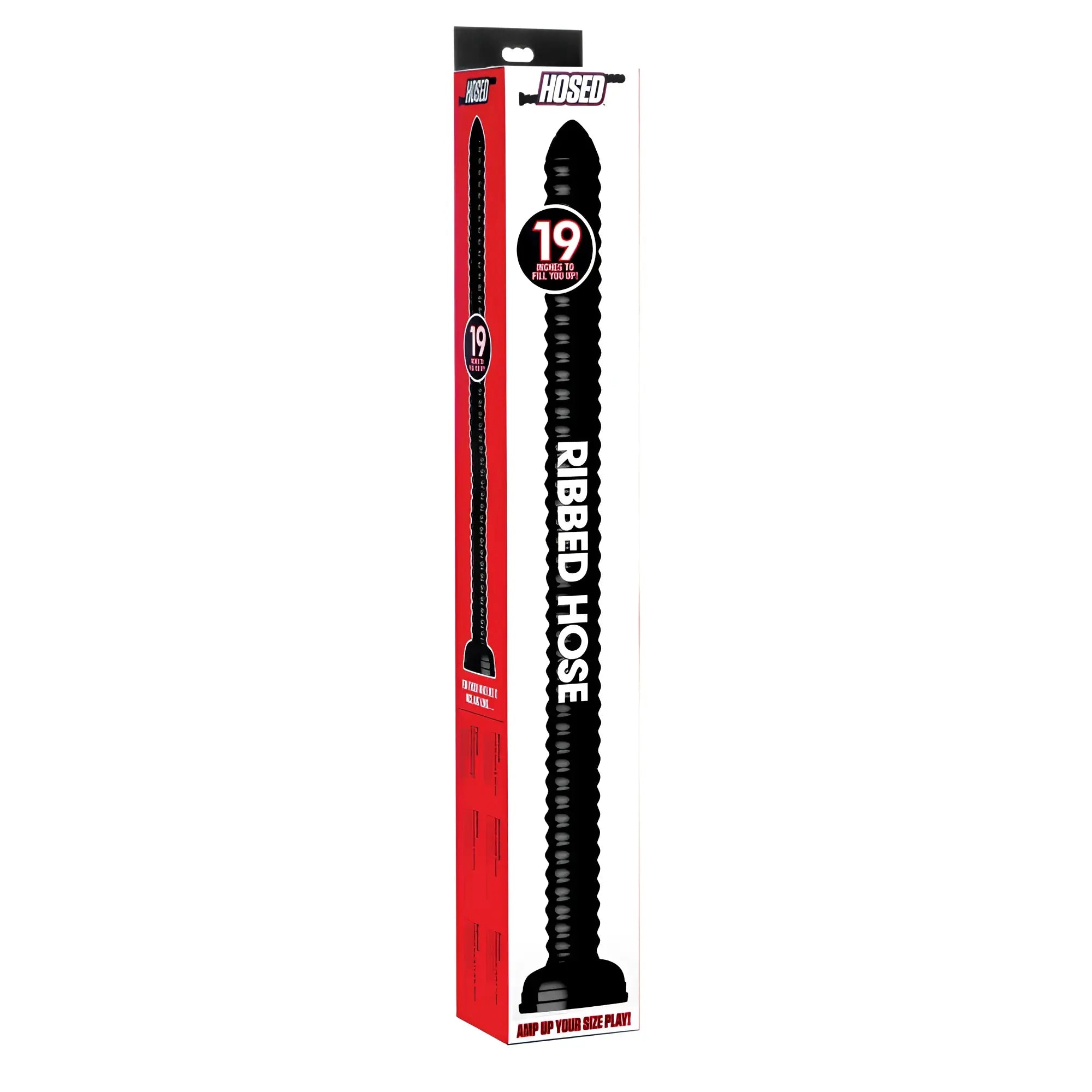 Black ribbed anal hose 19 inches long in red and white packaging for hosed hosed 19in ribbed anal snake