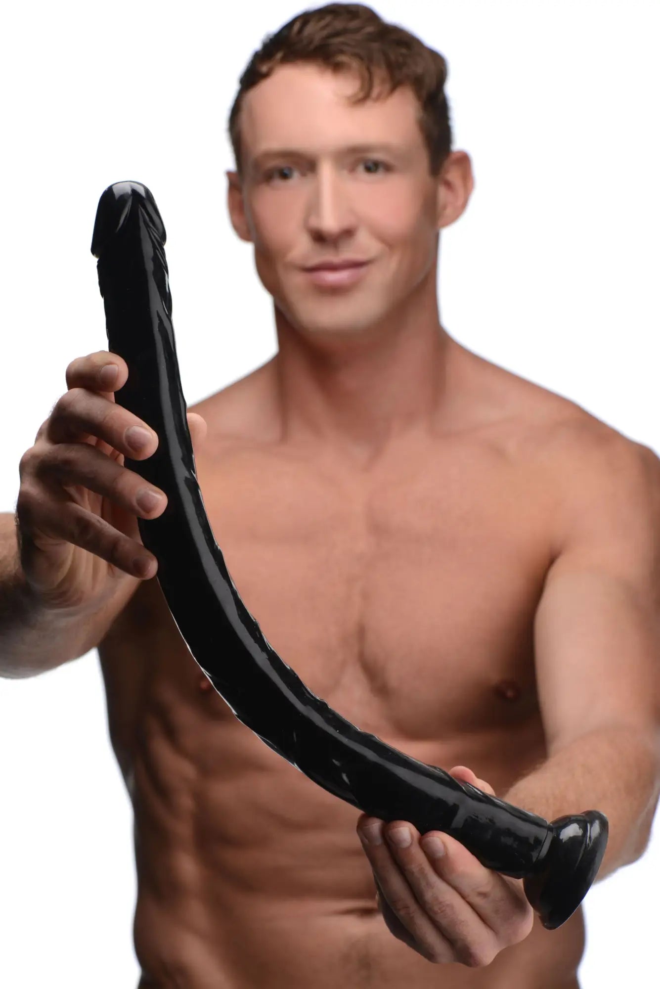 Black silicone dildo with textured ridges and rounded ends featured in hosed realistic hose 19in product image