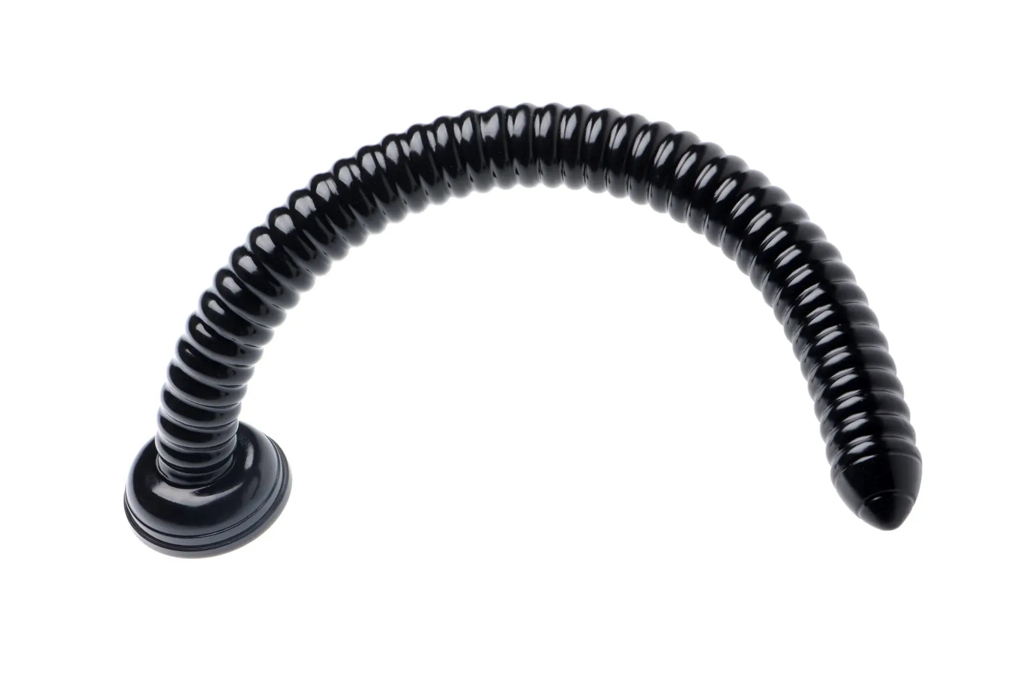 Black glossy flexible corrugated plastic arch with rounded base and tapered tip in hosed ribbed hose 19in product