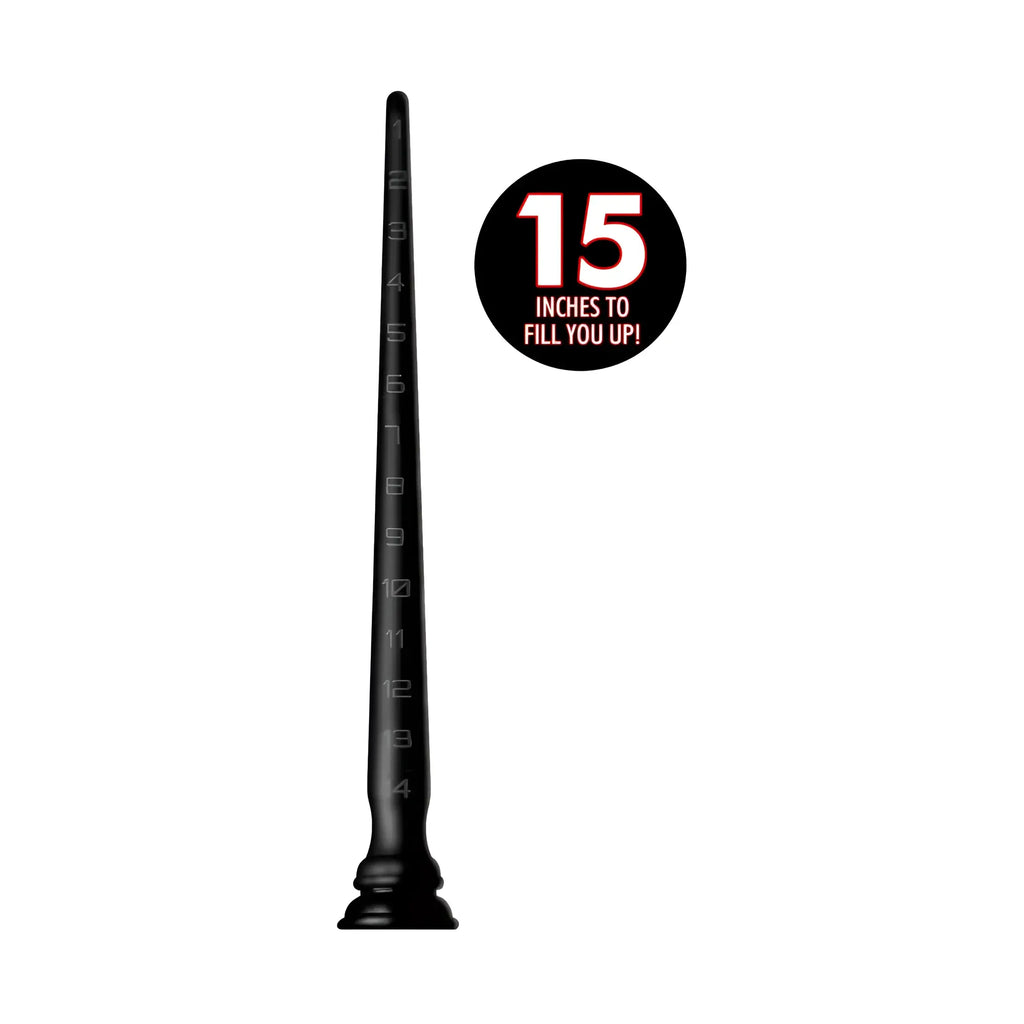 Black plastic measuring dildo with numbered markings from 1 to 15 inches in hosed silicone tapered hose 15in product