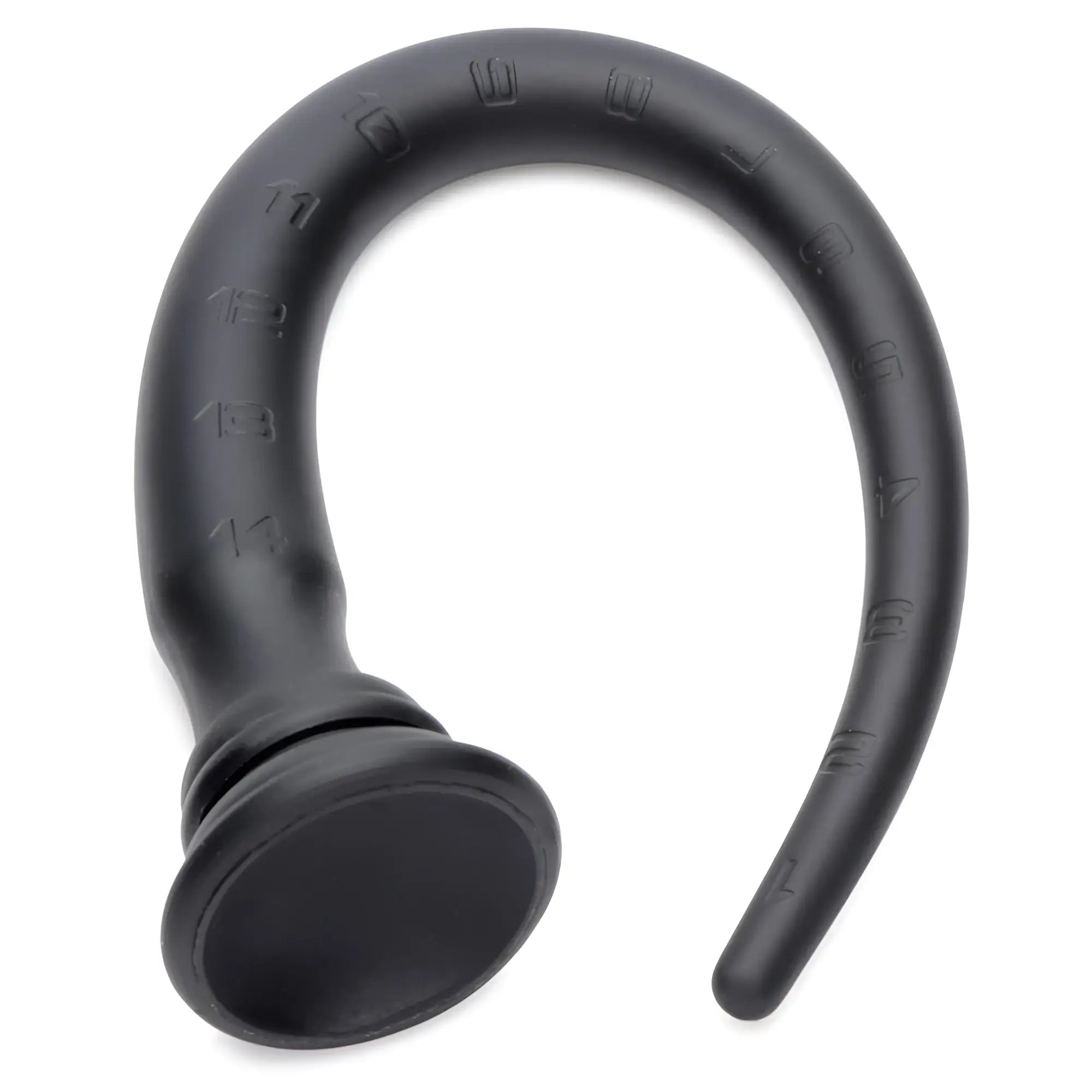 Black rubberized silicone tapered hose 15in with embossed numerical markings along curved surface for secure fitting