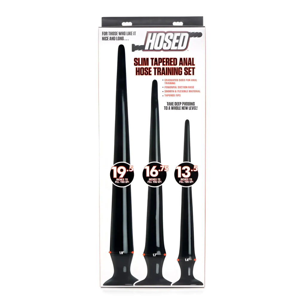 Black hosed slim tapered anal hose training set with three graduated sizes and suction bases in clear packaging