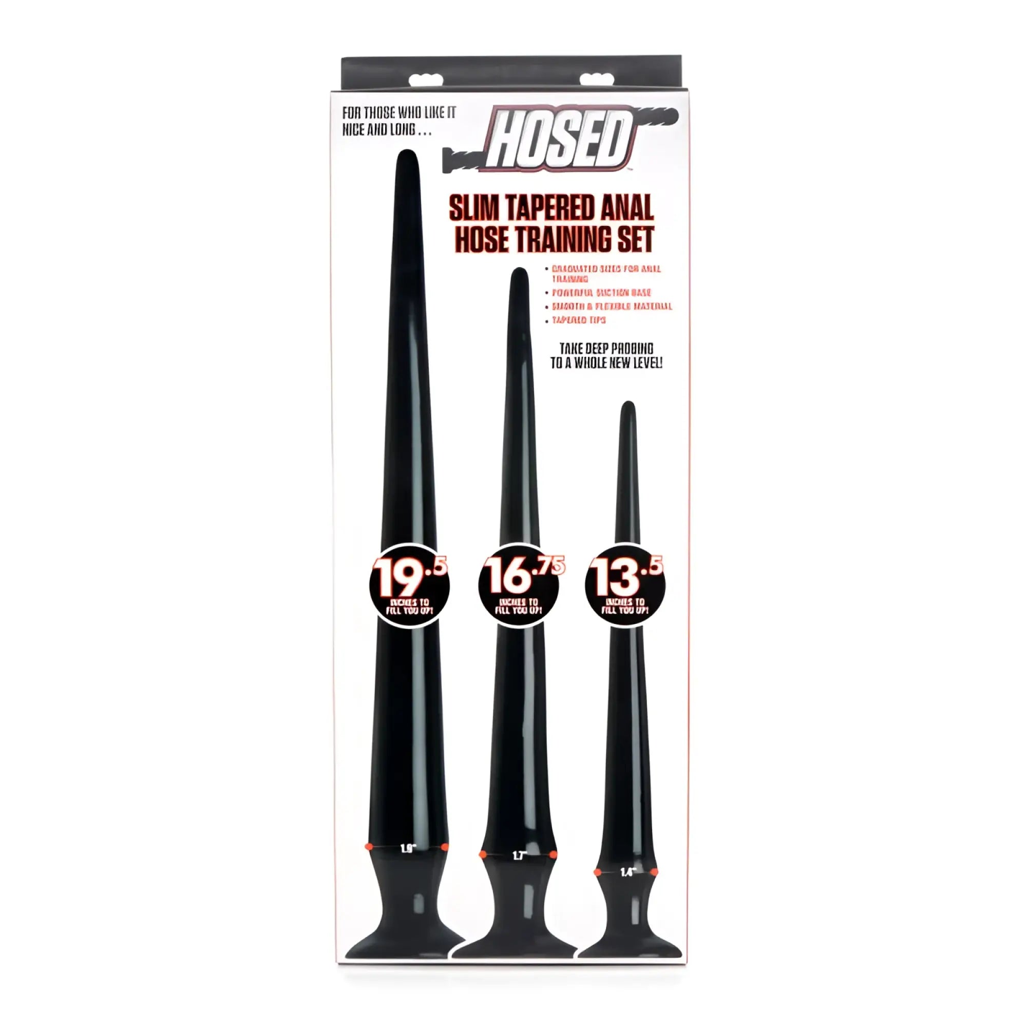Black hosed slim tapered anal hose training set with three graduated sizes and suction bases in clear packaging