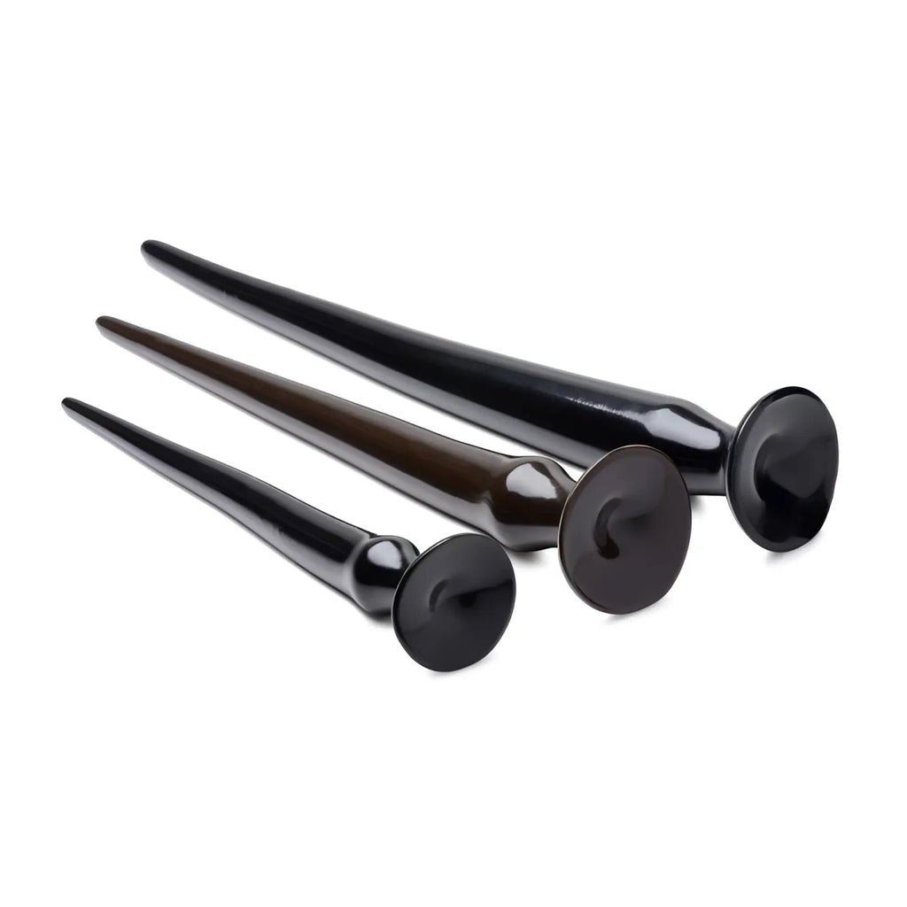Three glossy black slim tapered hairpins with rounded disc ends for precise use in hosed anal hose training set