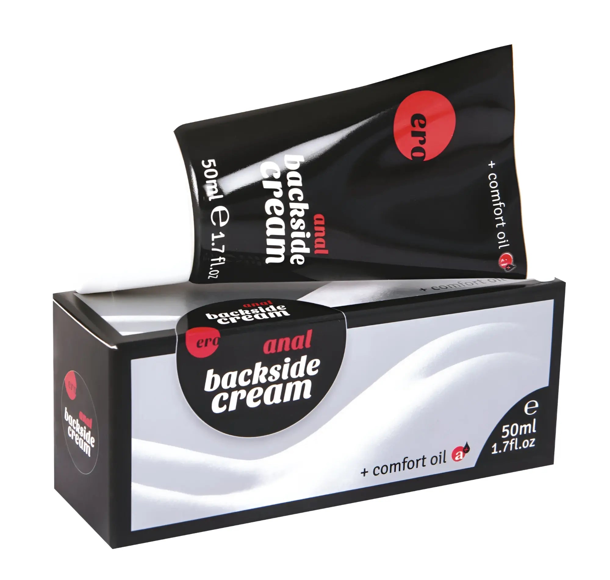 Black tube of era brand hot ero anal backside cream 50ml with red logo and white text shown from the back side