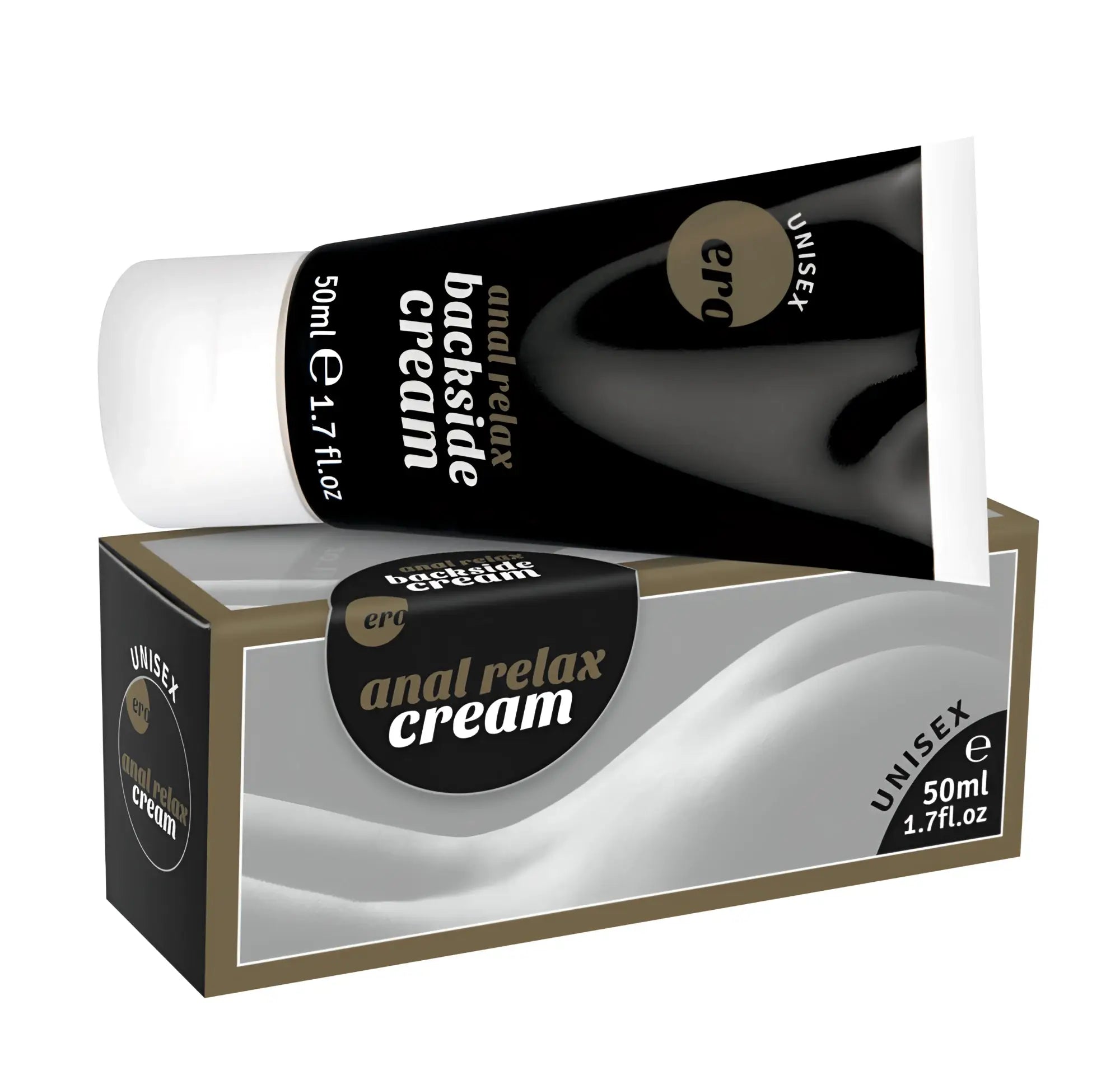 Black and white tube of hot ero anal backside relax cream 50ml showing the back side for unisex use