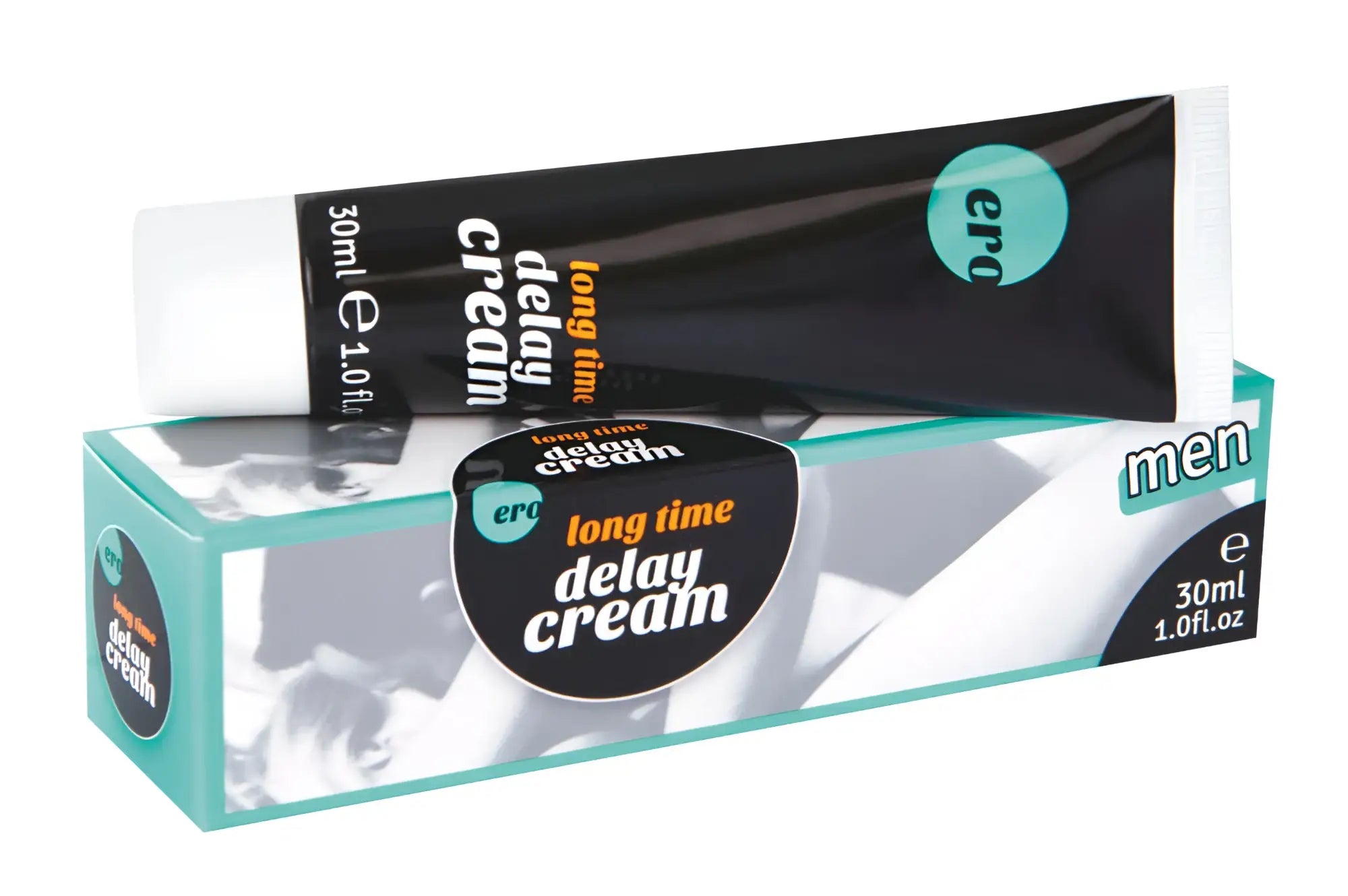 Black tube of Hot ero delay cream 30ml with teal accents and white cap in matching men packaging box