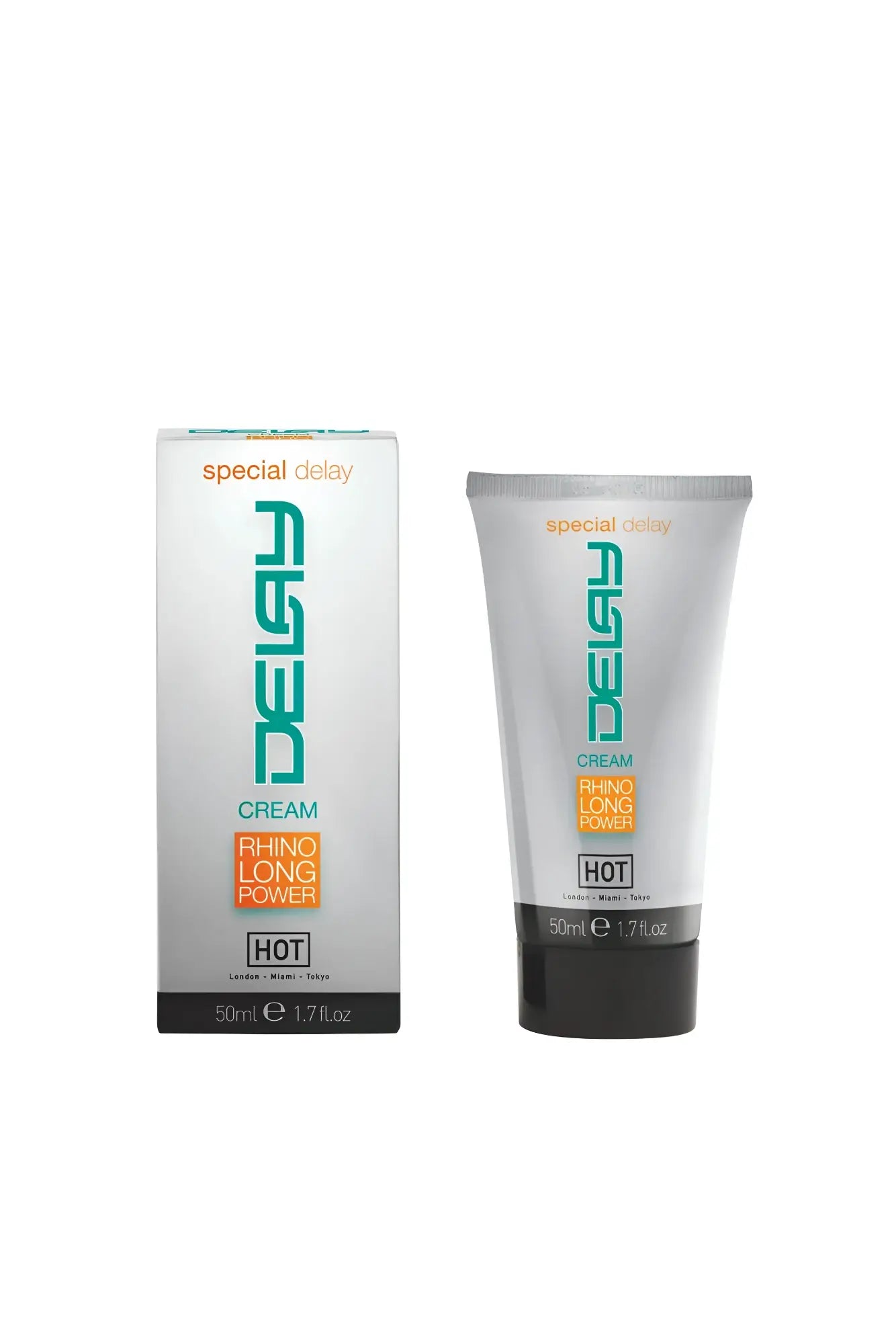 Hot ero delay cream 50ml silver tube with black cap and teal branding rhino long power hot with matching white box