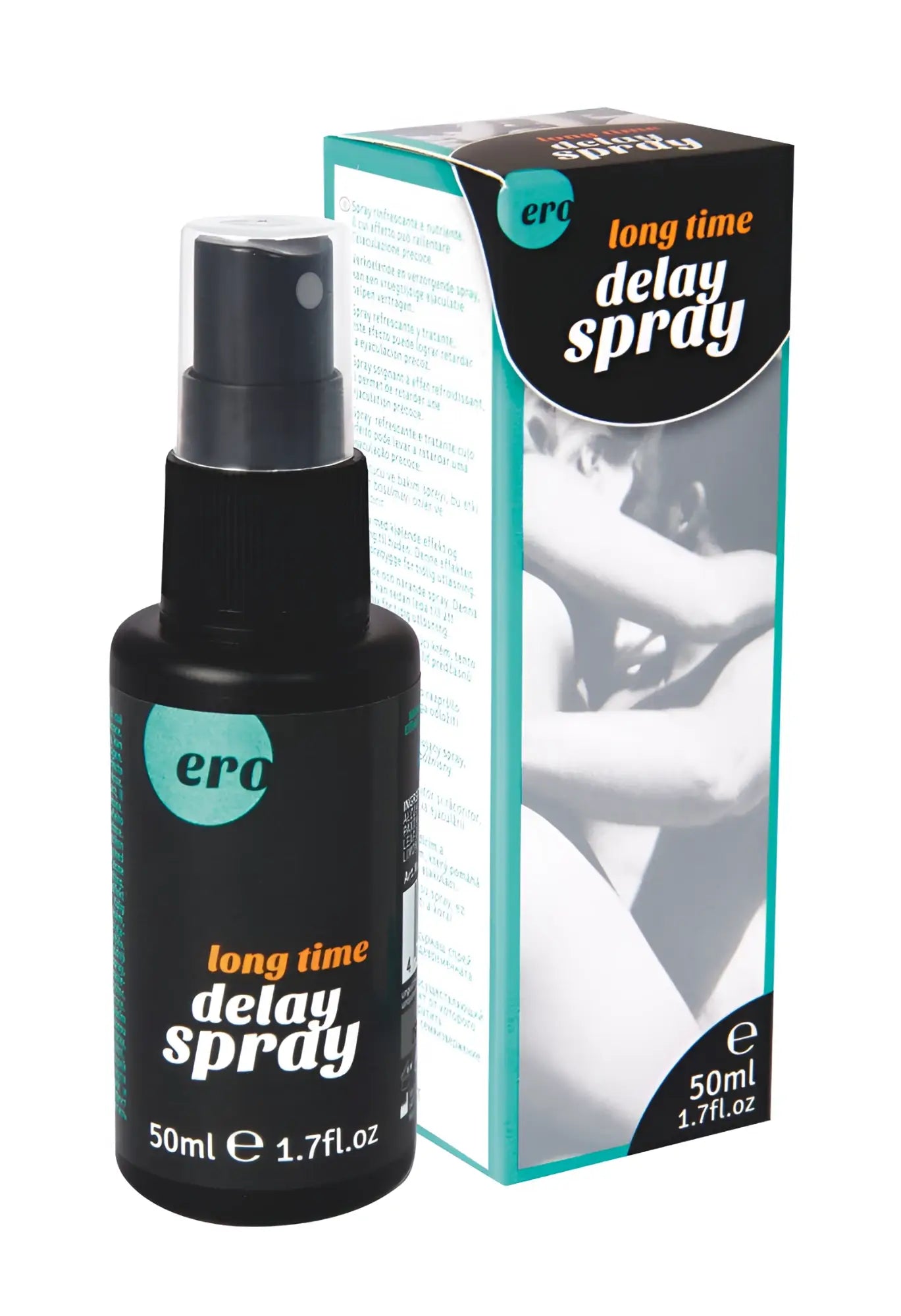 Black plastic hot ero ero delay spray bottle with black pump nozzle and teal logo for long time delay use 50ml