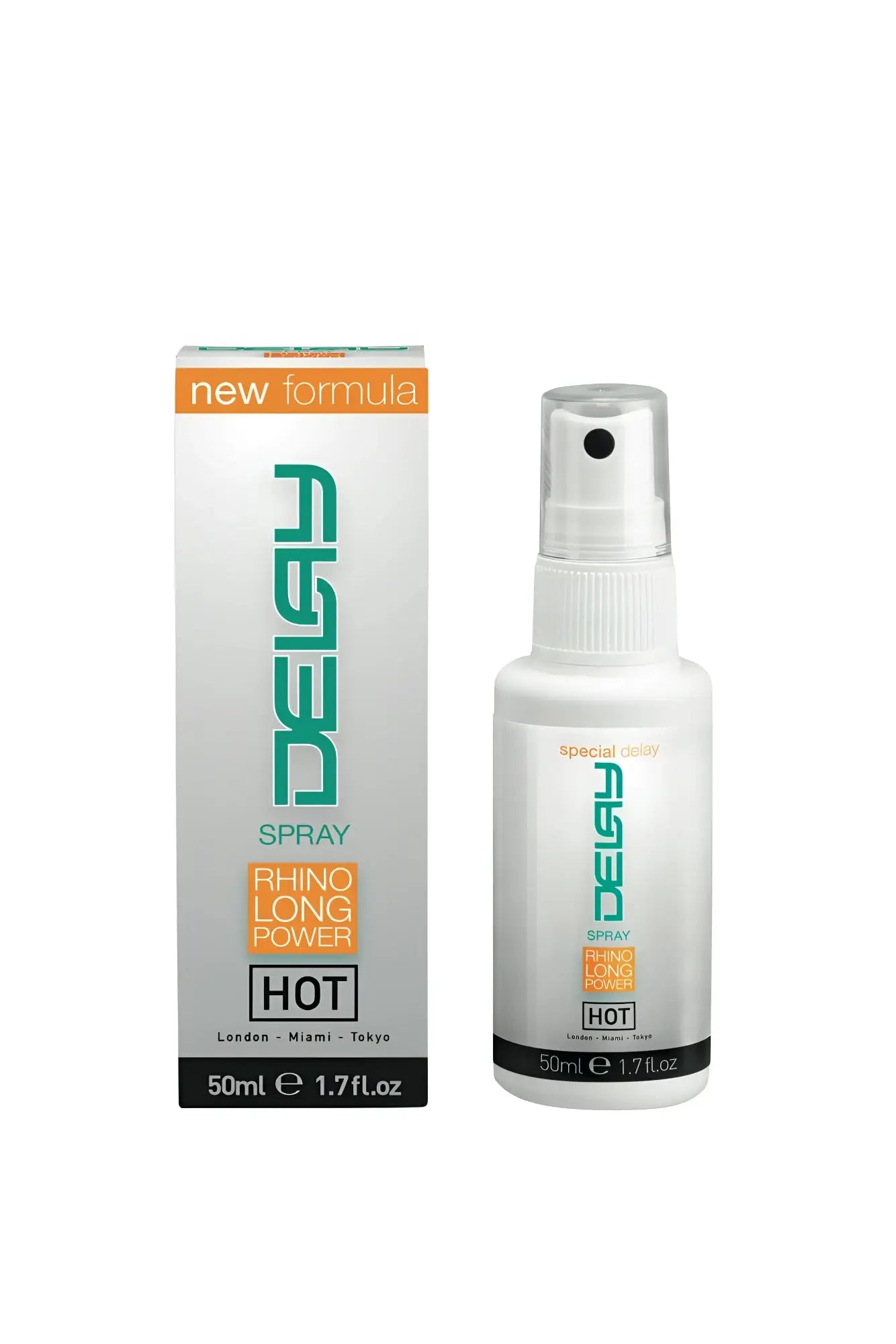 White plastic hot ero delay spray bottle with green branding and transparent cap next to matching box 50ml