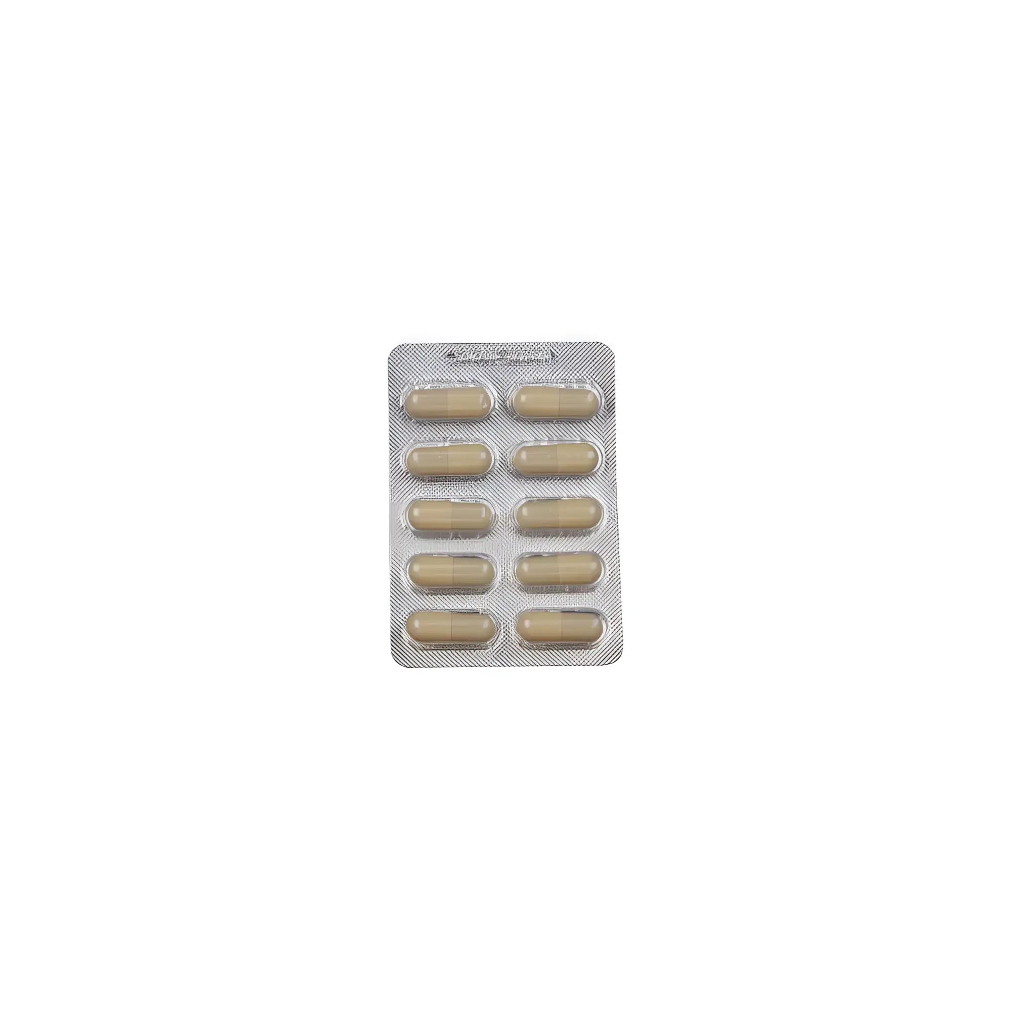 A blister pack of ten beige capsules for hot ero exxtreme libido pills woman with silver foil backing