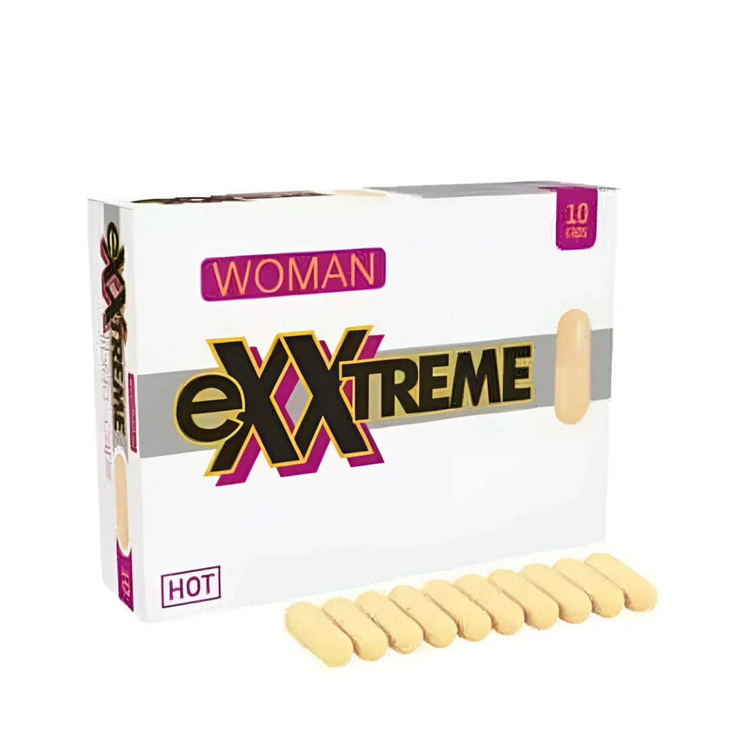 White rectangular box of Hot Ero Exxtreme libido pills for women with black pink lettering and ten pale yellow capsules displayed