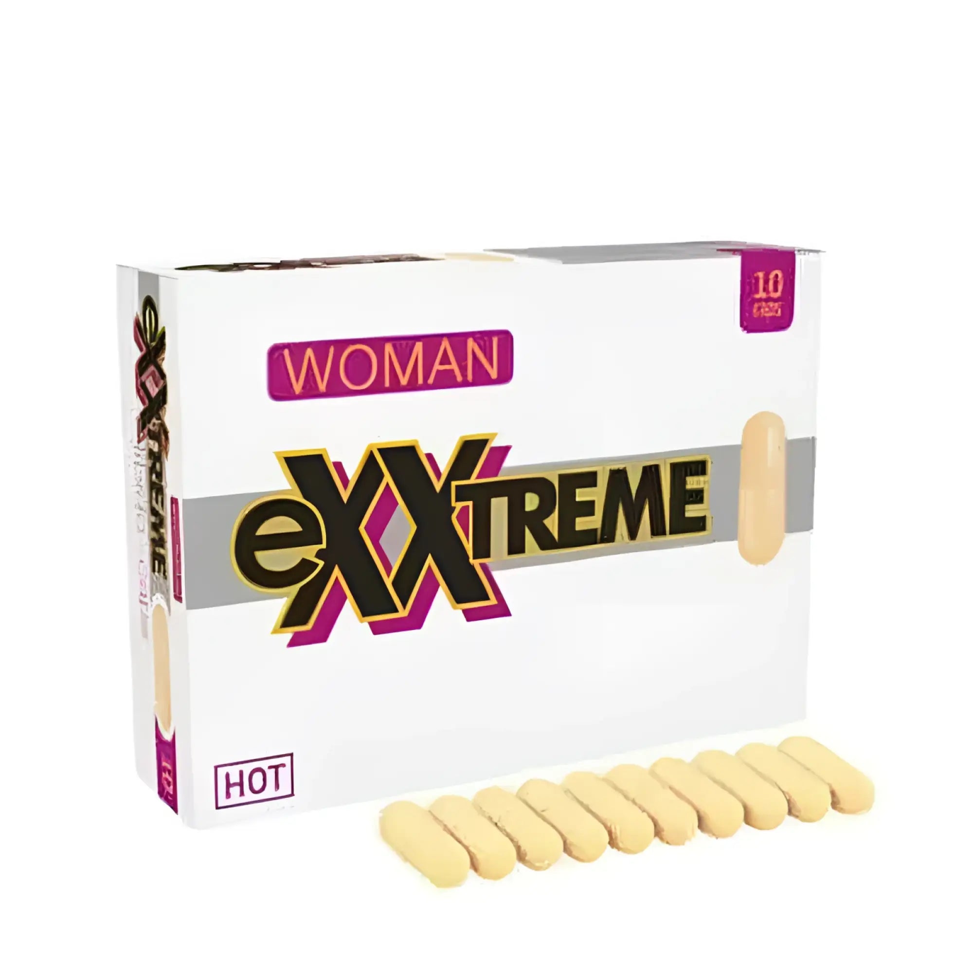 White rectangular box of Hot Ero Exxtreme libido pills for women with black pink lettering and ten pale yellow capsules displayed