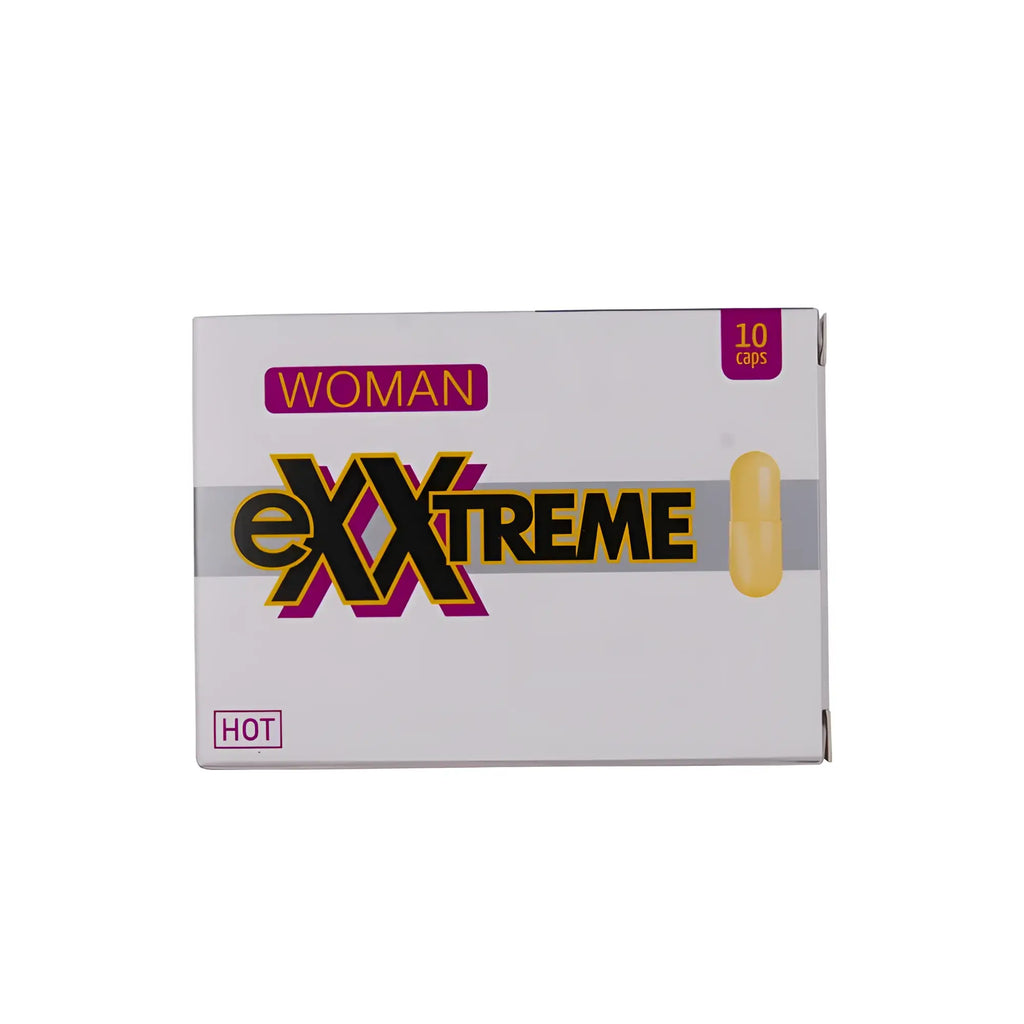 White rectangular box of Hot Ero Exxtreme libido pills woman 10 Pc with bold black purple branding and yellow capsule illustration