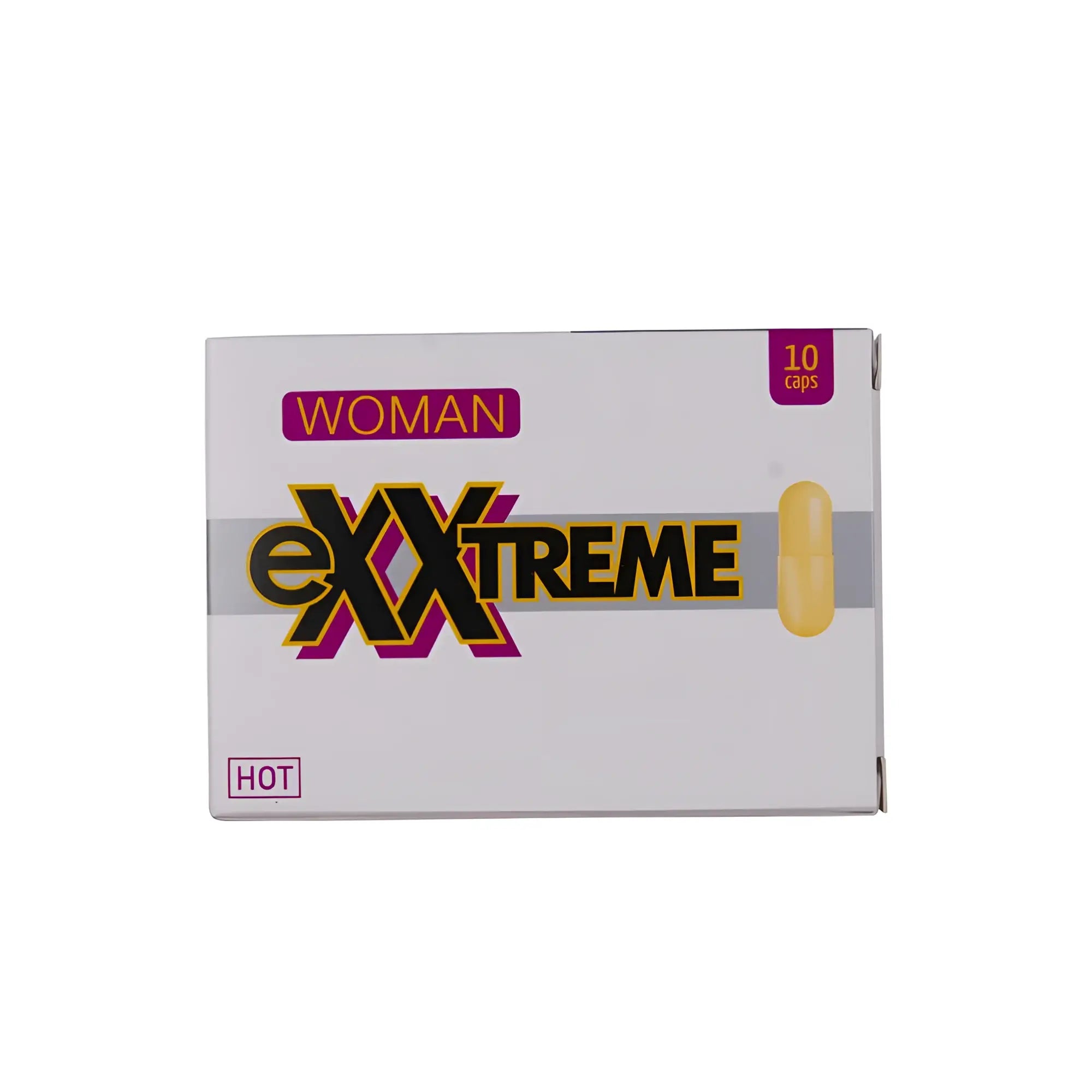 White rectangular box of Hot Ero Exxtreme libido pills woman 10 Pc with bold black purple branding and yellow capsule illustration