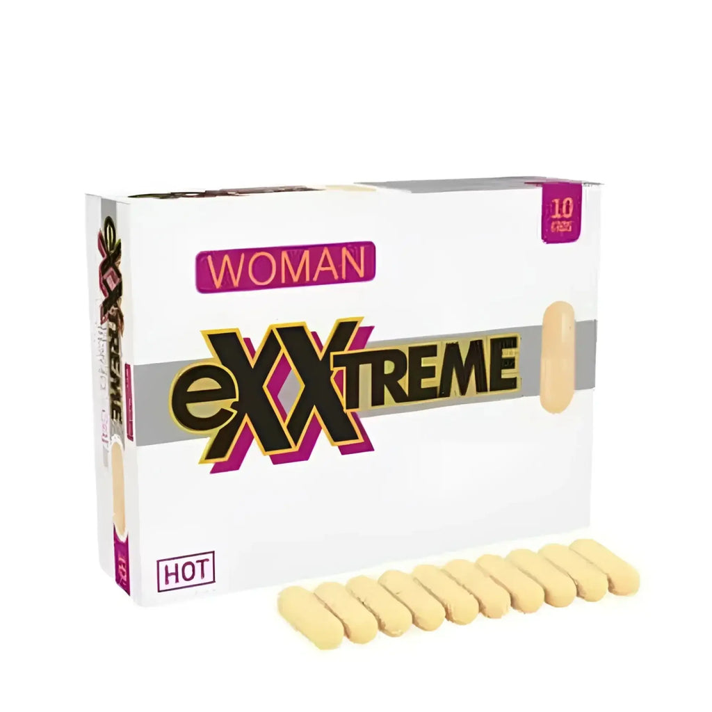 White rectangular box of Hot Ero Exxtreme libido pills for women with black pink lettering and ten pale yellow capsules.